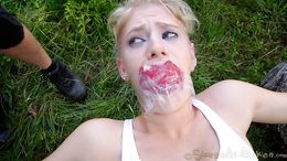 Forest throat and pussy abuse for a young blonde teen