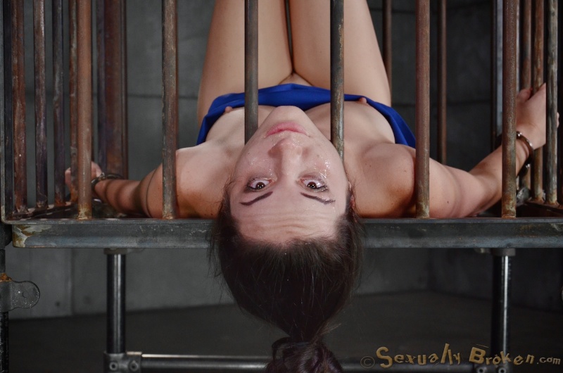 Blindfolded slut is sucking BBC through the cage