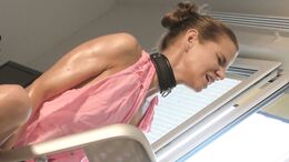 Skinny tanned pornstar Sarah Kay oiled back whipping