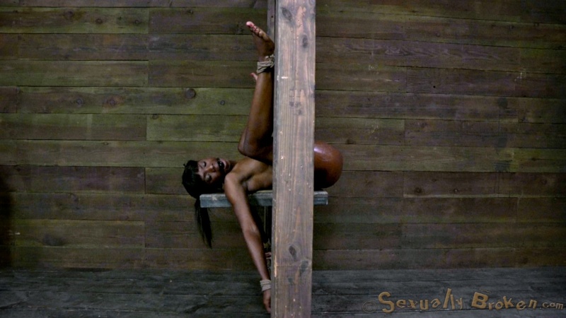 Chained black teen dirty fucked by two men